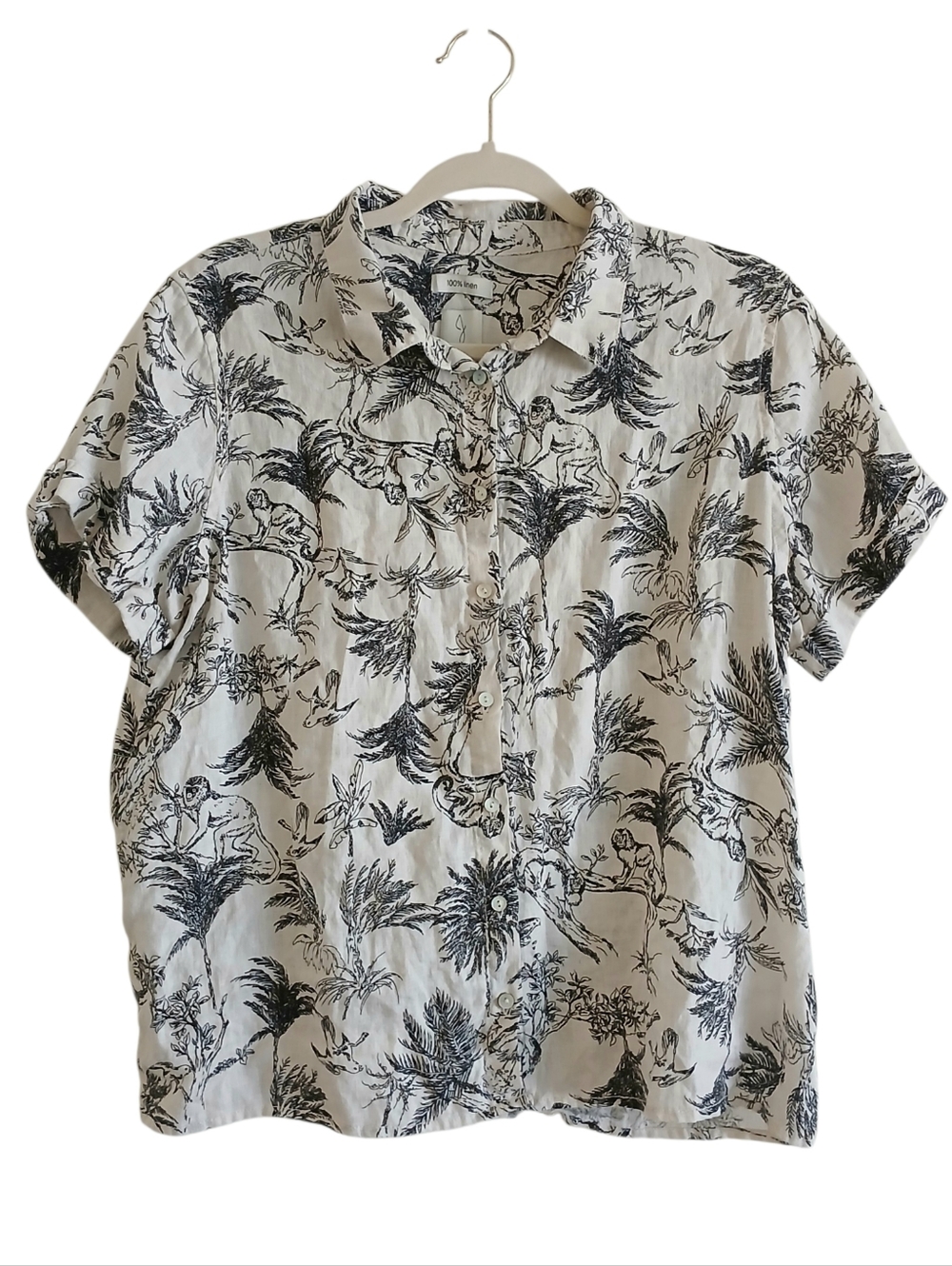 JOIE 100% Linen Button Up Boxy Top Women's L Tropical Toile Resortwear Beach